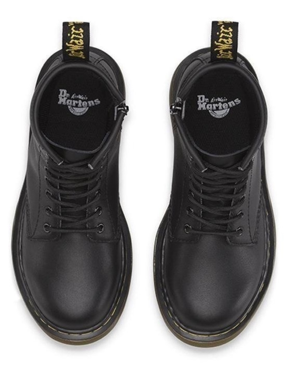 Dr. Martens Black Leather 6-Eye Lace-Up Boots with Yellow Stitching